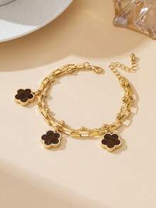 1pc Sweet & Fresh Summer Vacation Style Brown Lucky Clover Pendant Double-Layer Anklet, Suitable For Beach, Travel, Evening Wear (Bead Quantity May Vary Due To Handmade Cutting, Fixed Length) - Brown - View 4