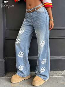 Quần jeans nữ mùa hè họa tiết hoa thời trang, kiểu dáng thường ngày. - Màu xanh lam - Xem 4