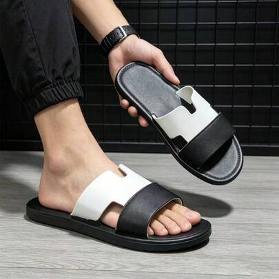 Unisex Black & White Contrast Color Slippers, EVA Non-Slip Thick Sole Open Toe Flat Sandals, Minimalist Casual Design Suitable For Indoor, Outdoor, Bathroom And Beach, Lightweight & Comfortable Summer Beach Slides