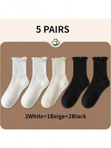 5 đôi tất cổ ngắn/tất bắp chân xếp ly dành cho nữ, màu đen trắng thoáng khí, mùa thu - Nhiều màu - Xem 7