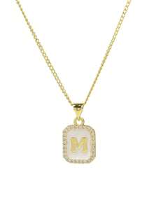 Collar con colgante cuadrado geométrico con forma de gota, chapado en cobre dorado, con 26 letras engastadas con diamantes - Dorado - Ver 5