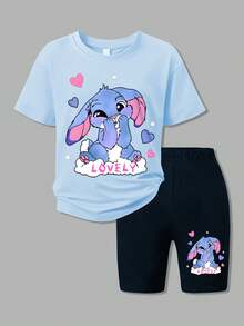 4pcs/Set Teen Girls Cute And Versatile Angel Accent Print T-Shirt & Tight-Fitting Printed  Shorts 2 Pieces Outfits, Fun Stylish Youth Spring & Summer Wear - 彩色 - 查看 3