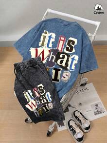 Hemo, Summer Men's Street Fashion "It Is What It Is" Graphic T-Shirt And Shorts Set, Stretchy Washed Faded Navy Casual Daily 2-Piece Outfit - Multicolor - View 1