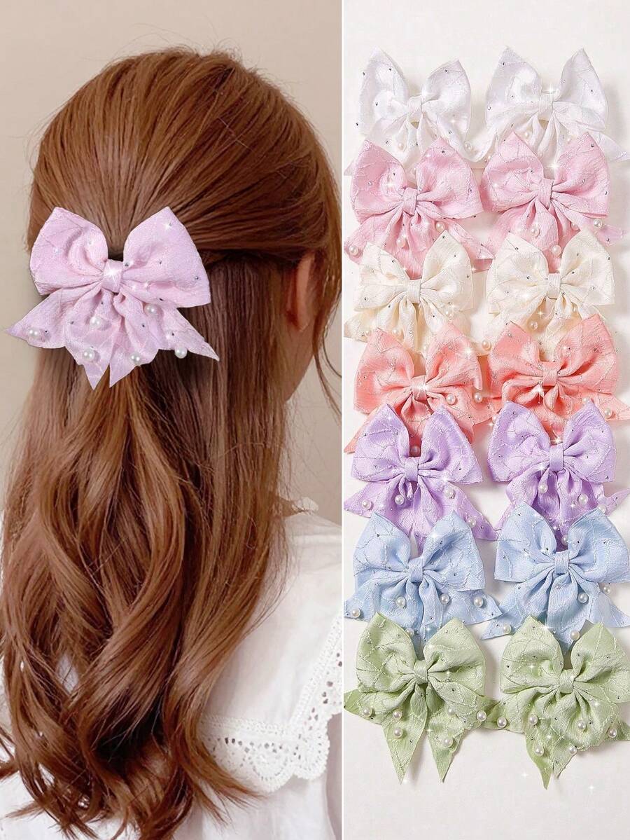 10pcs/Set Girls Colorful Pearl Rhinestone Fabric Bow Hair Clips, Cute Hair Accessories Barrettes For Daily Use, Back To School - Multicolor - View 1
