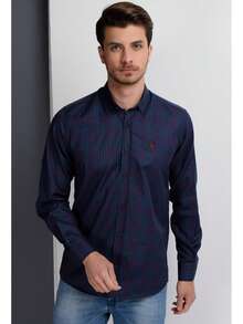 Men's Plaid Long Sleeve Single-Breasted Casual Shirt - Navy Blue - View 1