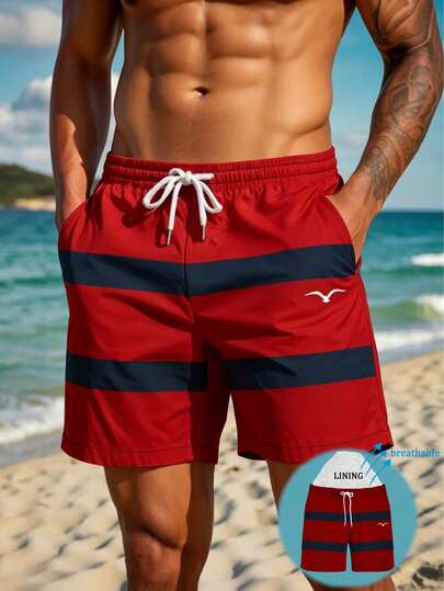 Men's Printed Drawstring Waist Quick Dry Double Layer Mesh Lined Swim Trunks, Seagull Color Block 3D Seagull Art Print, Fashionable Casual Beach Shorts For Summer Holiday