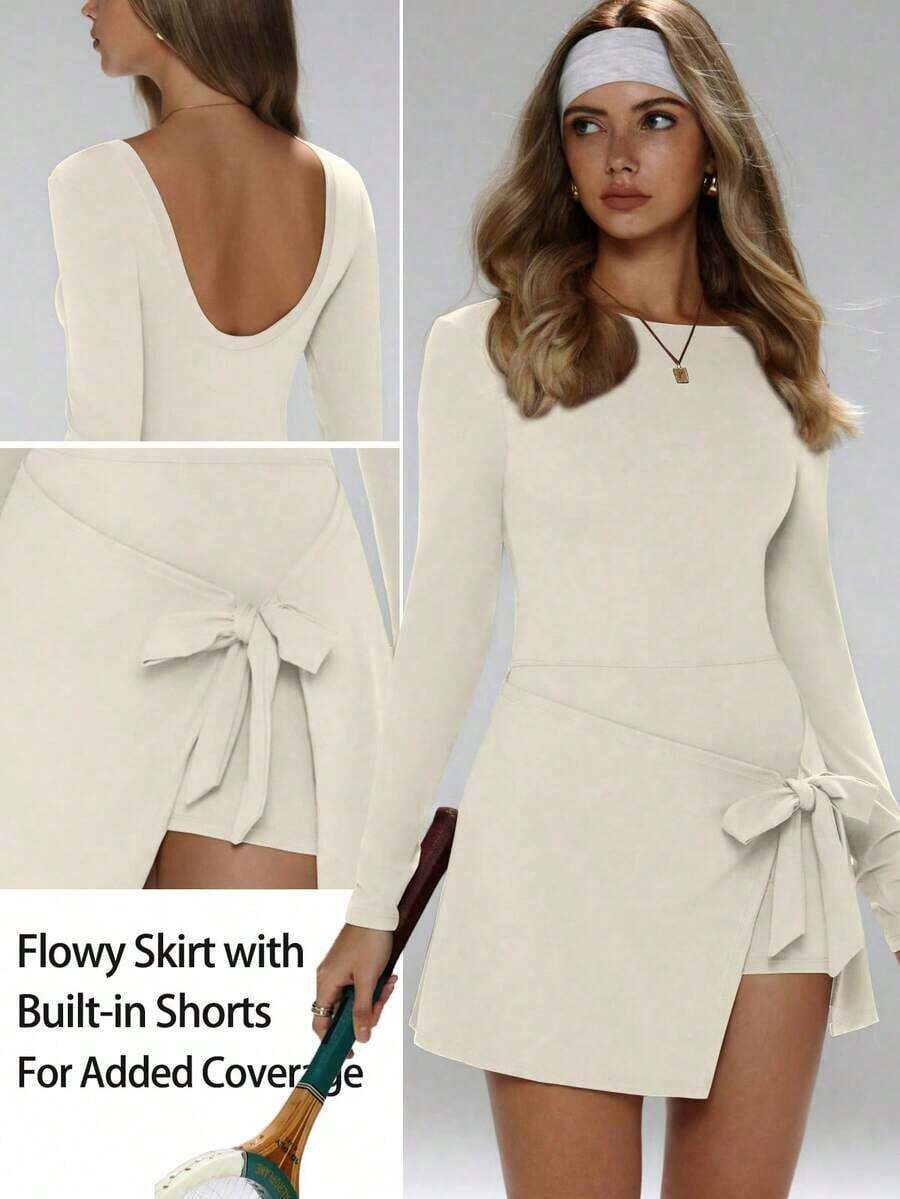 FWH Diseño atemporal, silueta de cuello redondo y manga larga con detalle de lazo en la cintura, ajuste favorecedor, cintura elástica y corte evasé para acentuar la cintura mientras se desliza sobre las caderas, funcionalidad modesta, uso versátil, transición sin problemas de entornos profesionales a sesiones de yoga, vestido de yoga apropiado para la oficina, corte que suaviza las caderas, vestido clásico retro activo de primavera - Albaricoque - Ver 1