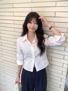 韩版街头风女学生衬衫，修身短款长袖上衣 - 白色 - 查看 1
