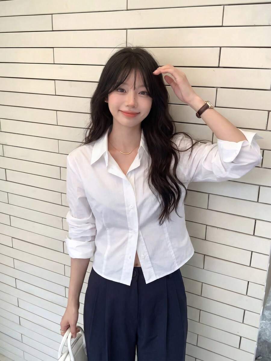 韩版街头风女学生衬衫，修身短款长袖上衣 - 白色 - 查看 1