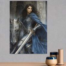 []1 pieza, Pintura en lienzo - Sin marco, Caballero femenino con capa azul cabalgando, Decoración de pared para dormitorio, sala de estar, cocina, oficina, café, bar, dormitorio, pósteres de arte para pasillos, ideal para cumpleaños y regalos únicos para días festivos - Enmarcado - Ver 3