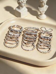 20pcs Elegant Minimalist Women's Ring Set, Fashion Stackable Geometric Faux Pearl Hollow Design Rings, Suitable For Daily, Vacation, Date, Party Outfits - Silver - View 3