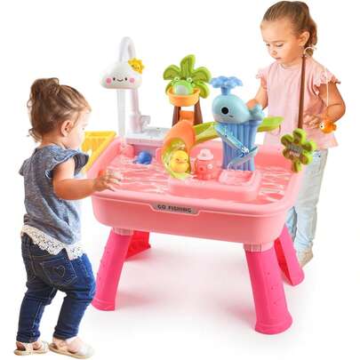 Sand Water Table For Toddlers Outdoor Garden Beach Play Sink With Running Water, 4-In-1 Kids Kitchen Sink Toy With Faucet, Summer Activity Water Play Table With Detachable Legs, Fishing Game, Pretend Play Dishwasher Gift Set For Boys & Girls