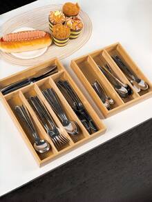 1pc Bamboo Kitchen Drawer Organizer, Silverware Cutlery Tray, Kitchen Utensil Holder And Drawer Organizer, Household Essential Kitchen Utensil Storage For Women Storage Organizer Travel Essentials Back To School Dormitory Storage Fall Decor - Khaki - View 3