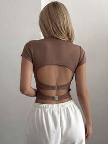 Y2K Minimalist T-Shirt, Open Back Design & Waist Cinching, Sexy & Chic Style Suitable For Daily Commute, Parties And Holidays, Spring/Summer - Brown - View 6