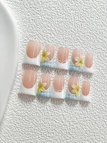 10Pcs Gentle Vacation Style Handmade Nail Art Set,Unghie Press On,Blue And White Nail Polish,Includes Nail Tools,3 Sizes Available,Almond Nails , Duck Nails,Coffin Nails For Party, Dance, Daily Wear. - 彩色 - 查看 16