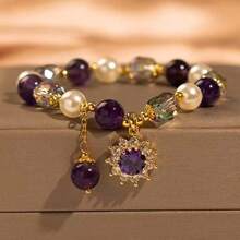 1pc Women's Luxury Natural Amethyst Beaded Bracelet, Colorful Crystal & Zirconia Sun Flower Pendant, Unique High-End Charm Bracelet, European & American Ins Style Versatile Accessory - Multicolor - View 7