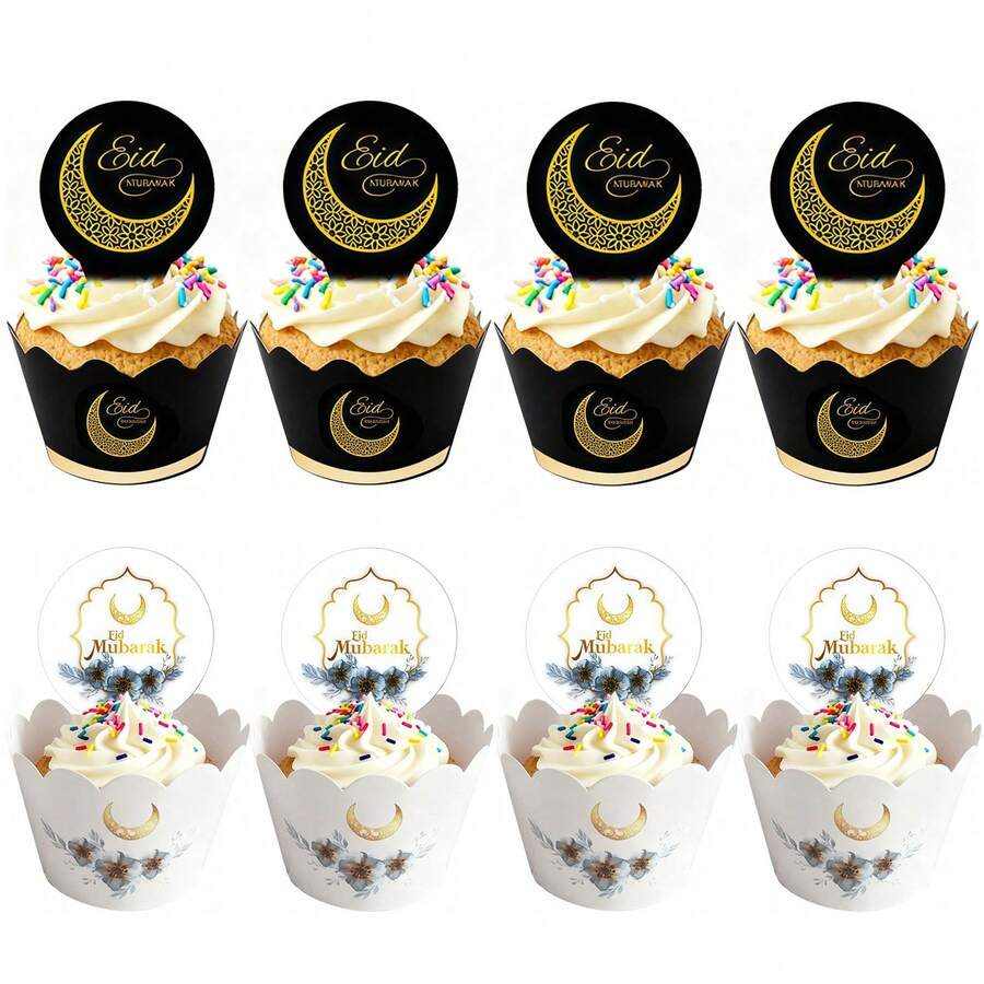 24pcs Black & White Eid Mubarak Cupcake Toppers Set, Suitable For Ramadan Eid Mubarak Party Homemade Cupcake Decorations - Multicolor - View 1
