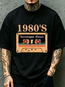 1pc Plus Size Men's Retro Tape Print Round Neck Short Sleeve T-Shirt, Casual Daily Wear - Black - View 1