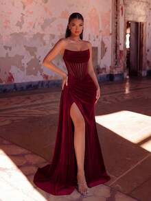 ADYCE Solid Color Strapless Long Satin Front Slit Backless Formal Dress, Suitable For Parties, Banquets, Balls, Galas, Wedding Guests, Graduation Ceremonies, New Year's Galas, Etc. (Gloves Not Included) - Burgundy - View 3