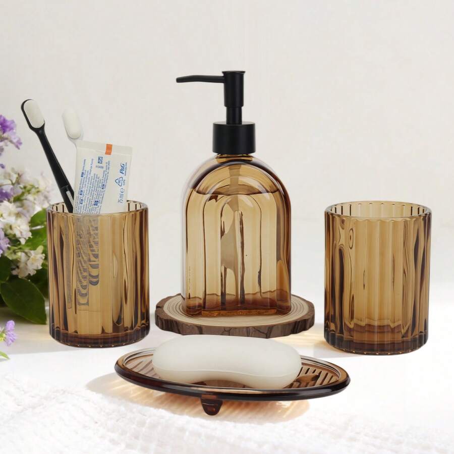 Reeded Glass Tumbler Set Of 4 - 330ml &400ml Amber Bathroom Accessories, Vertical Ribbed Design For Modern Home Decor, Minimalist Countertop Storage - 400ml - View 1
