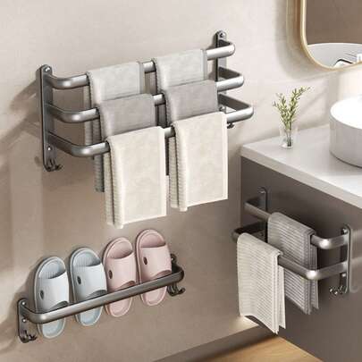 1pc Double Towel Bar Wall Mounted 16 Inch , 2-Tier Aluminum Towel Rack With Hook, No Drill Or Screw Install Bathroom Towel Holder, Modern Space Saving Towel Hanger For Bathroom Kitchen