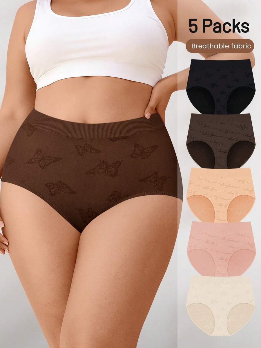5pcs/Pack Plus Size Women's Printed Soft Breathable Mid-Waist Sexy Bikini Panties - Multicolor - View 1
