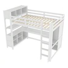 Loft Bed, 140 X 200 Cm, Shelves, Ample Storage, Desk, Wardrobe, Mattress Not Included, White - White - View 8