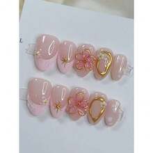 10pcs Pink Gilded Floral Y2K Style Nail Stickers, Almond-Shaped Short French Soft Girl Cute Tiny Flower Nail Art, Minimalist High-End Handmade Nail Decals, Suitable For Daily Wear, Press-On Nails, Nail Art Supplies Handmade Press On Nails - 粉色 - 查看 1