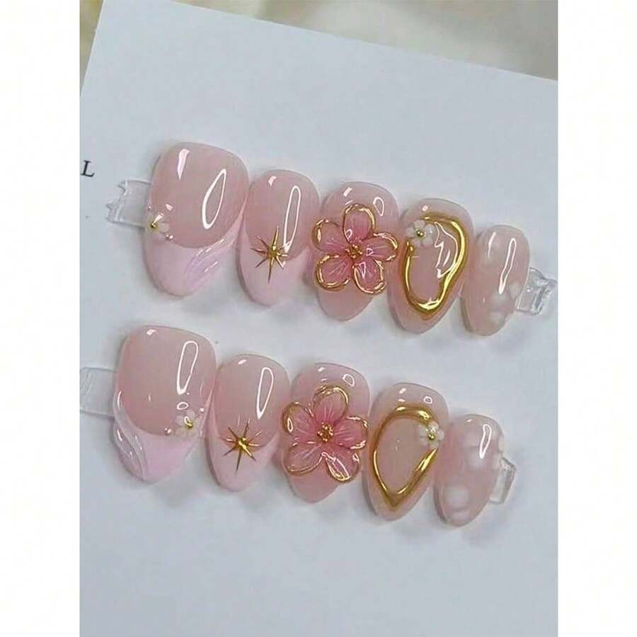 10pcs Pink Gilded Floral Y2K Style Nail Stickers, Almond-Shaped Short French Soft Girl Cute Tiny Flower Nail Art, Minimalist High-End Handmade Nail Decals, Suitable For Daily Wear, Press-On Nails, Nail Art Supplies Handmade Press On Nails - 粉色 - 查看 1