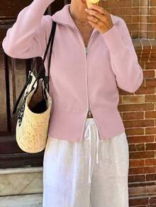 Women's Winter Sweater, Business Casual Wear, Commuting Fashionable Long Sleeve Zip-Up Knit Cardigan, Essential For Daily Outings Pink - Pink - View 11