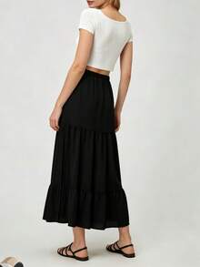 Falda elegante de primavera de unicolor hasta la pantorrilla, con cintura elástica y volantes en el bajo - Negro - Ver 7
