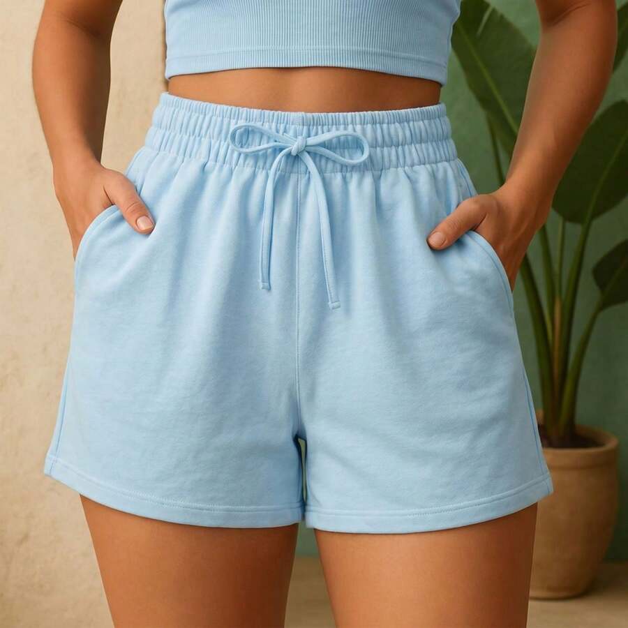 Women's Fleece Shorts, Basic Fleece Shorts With Pocket, High Waist, Women's Bermuda Shorts, Green, Black, White, Brown, Beige - 淺藍色 - 查看 1