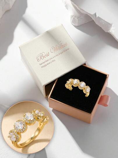Anillo de circonita cúbica de lujo en caja de regalo, joyería para bodas y fiestas de mujeres, material de cobre sin decoloración e hipoalergénico, regalo ideal para días festivos