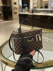 复古通勤单肩斜挎包，简约化妆包盒手提包，大容量 - 黑色 - 查看 4