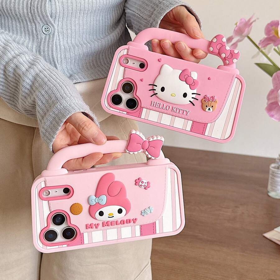 SANRIO 新款创意可爱时尚猫咪多功能手持手机壳，优雅便携设计，条纹3D草莓猫咪，粉色蝴蝶结三丽鸥手机壳，兼容 17系列、11/12/12 Pro、13/14/15、13 Pro/14 Pro/15 Pro、12 Pro Max/13 Pro Max/14 Pro Max/15 Pro Max、16、16 Pro、16 Pro Max、17、17 Pro、17 Pro Max - MML糖果包 - 查看 1