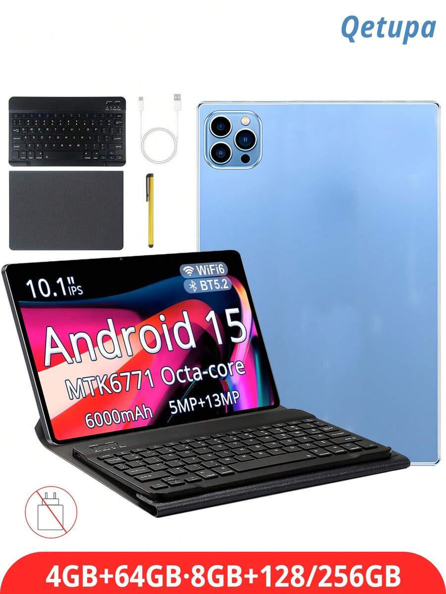 Qetupa M9-4 Android 平板電腦 10.1 吋，附保護殼、鍵盤與觸控筆，搭載 MTK 6771 八核 2.0GHz 處理器，提供三種儲存配置：4GB RAM + 64GB ROM / 8GB RAM + 128/256GB ROM（支援最高 1TB SD 卡擴充），1280x800 高畫質 IPS 觸控螢幕，5MP+13MP 雙鏡頭，6000mAh 長效電池，Type-C 介面，支援 802.11ax Wi-Fi 6 與 GPS（不含適配器）