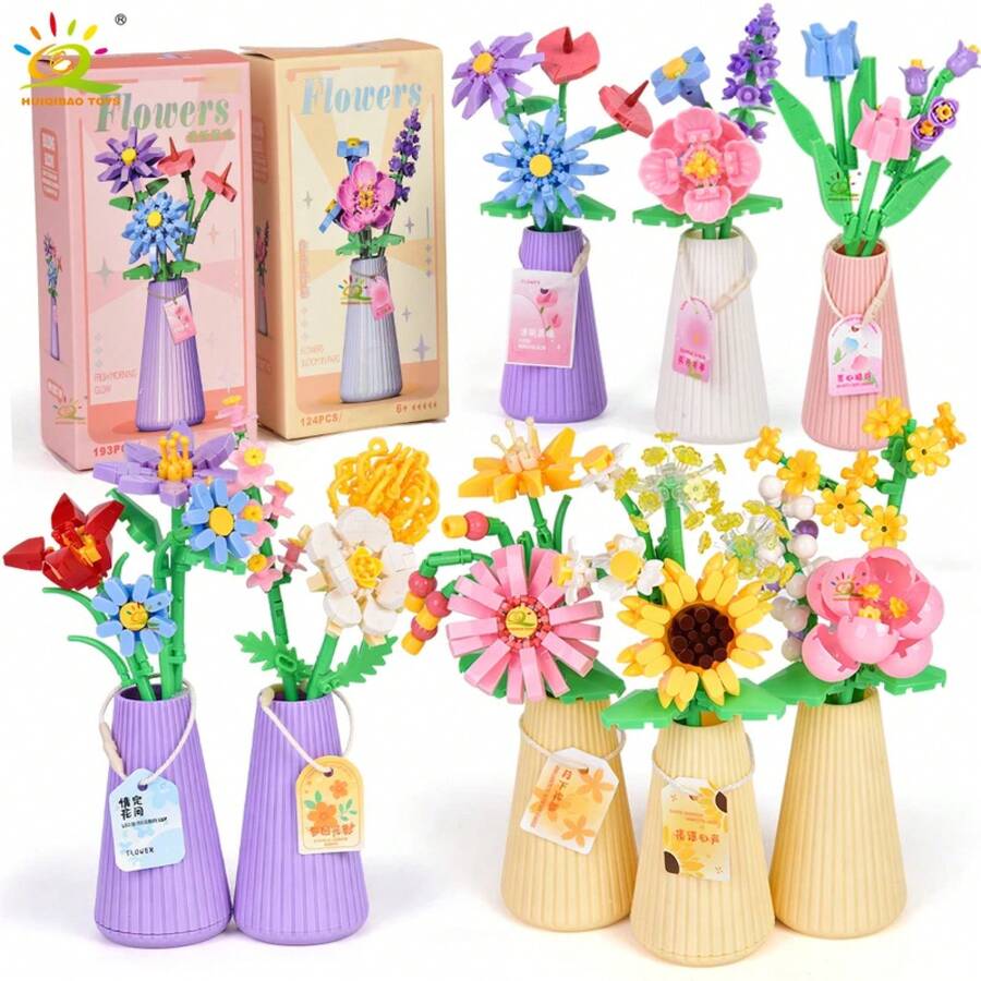 HUIQIBAO MOC Ramo de Flores Eternas con Maceta, Bloques de Construcción Micro, Girasol, Rosa, Mini Modelo de Ladrillos, Juguete para Decoración de Escritorio del Hogar - N.º 7-10 - Ver 1