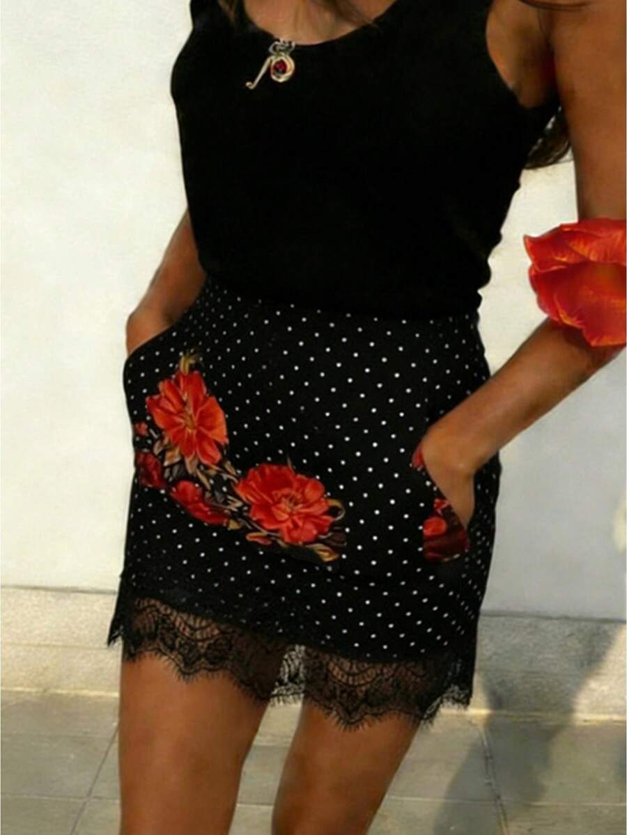 Womens Lace Mini Skirt Summer Fashionable Black Satin High Waisted Short Skirts With Scalloped Hemline - 西瓜紅 - 查看 1