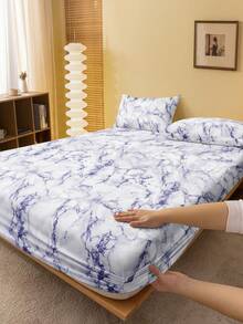 Bộ ga trải giường 4 món họa tiết đá cẩm thạch xanh cổ điển, chất liệu microfiber mềm mại dễ giặt ủi, bộ ga trải giường họa tiết hoa (1 ga trải giường + 1 váy giường + 2 vỏ gối), bộ váy giường, phù hợp với giường đơn, đôi, cỡ Queen, cỡ King, thiết kế váy giường có túi sâu, vỏ gối lên đến 11,8 inch, mềm mại và thoáng khí, chống nhăn, phong cách khách sạn sang trọng, phong cách nữ tính ngọt ngào, quà tặng cho bố mẹ, bạn bè. - Màu xanh lam - Xem 6