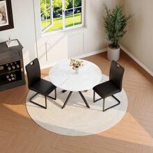 Dining Room Set With Round Marble Dining Table & Dining Chairs, Modern Kitchen Set Made Of Faux Leather & Cantilever Metal Frame For Dining Room & Kitchen - Black - View 2