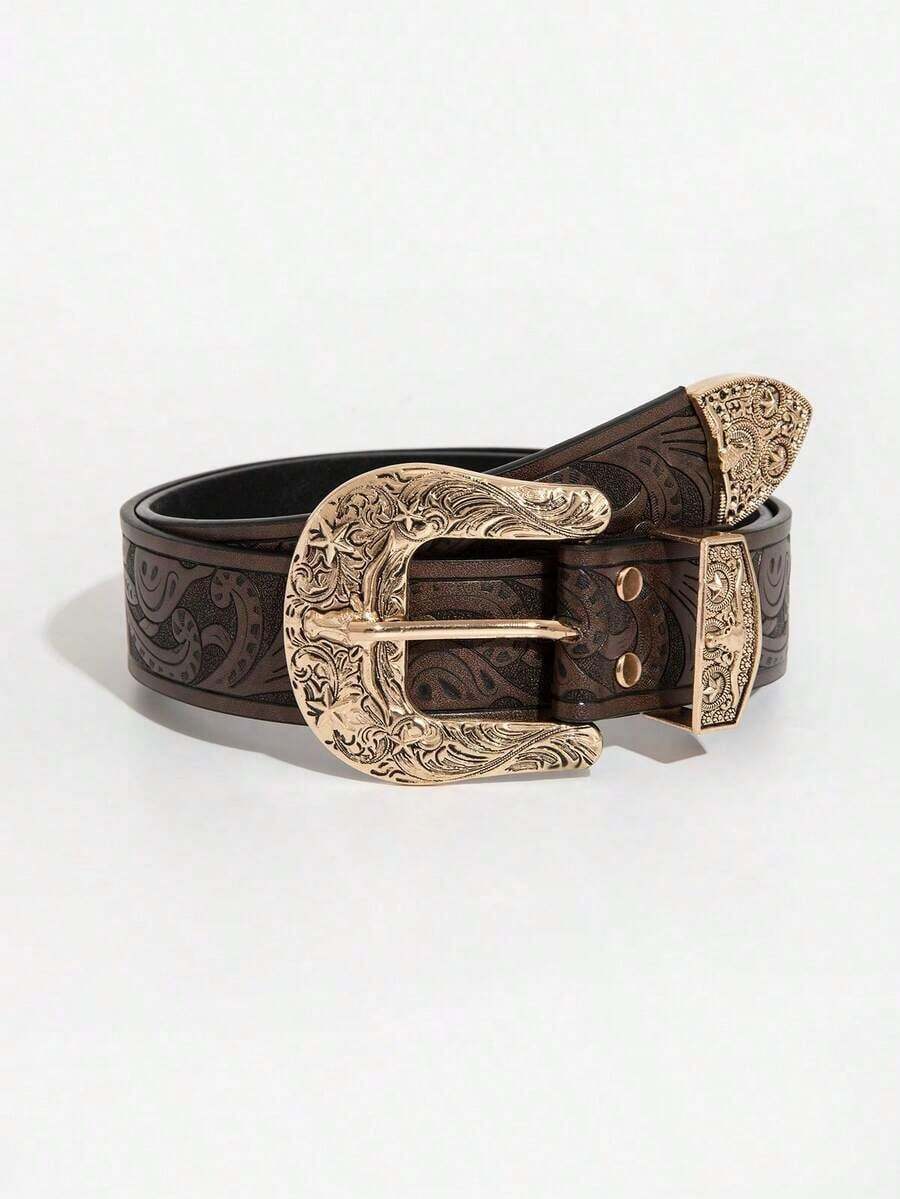 High Quality 1pc Vintage Western Style Coffee-Color Metal Bull Head & Dragon Embossed PU Leather Belt, Suitable For Daily Wear Summer, School Fall, Autumn, Halloween - 雕花羈扣彩色印花 - 查看 1