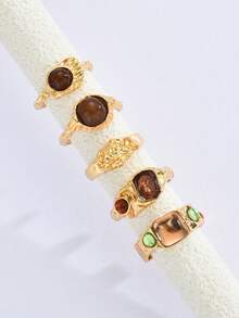 5/14pcs Vintage Sunflower & Starfish Metal Ring Set, Fashion Rings For Women, Suitable For Holiday, Party, Date, Casual, Wedding, Travel, Photo Shoot, Daily Matching, New Versatile Combination - Yellow Gold - View 7