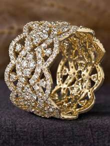 1 Peça Anel Oco Totalmente Pavimentado de Alta Qualidade, Design de Padrão de Renda Vintage, Banda Larga Dourada com Zircônia, Adequado para Festa, Uso Diário, Presente de Acessório Feminino - Dourado - Visão 6