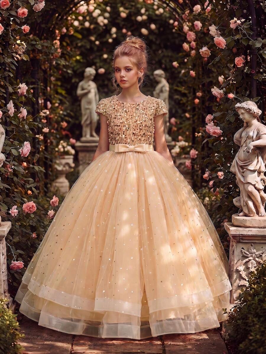 Tween Girl Sleeveless Sequined Bowknot Tulle Maxi Princess Dress, Bridesmaid & Party Gown For Teen & Youth - Gold - View 1