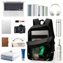 1-Piece Lightweight Black Neutral Printed Backpack, Printed Double-Shoulder Bag - Adjustable Shoulder Straps, Unisex School Bag, Casual Travel And Commuting Bag, Zipper Closure, Sports Gear Bag| Minimalist Design| Lightweight Backpack, Travel Backpack - 黑色 - 查看 3