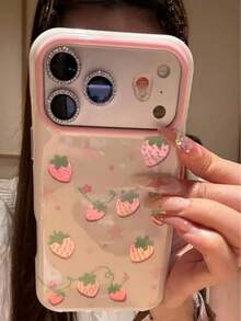 韩版少女系镀金草莓星形手机壳，简约优雅保护套，兼容 17 Pro、16 Pro、15 Pro、14 Pro Max - 粉色 - 查看 1