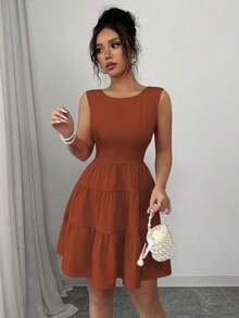 Vestido de verano sencillo de unicolor y de moda para mujeres - Óxido marrón - Ver 7
