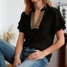 Women's Black Textured Embroidered V-Neck Short Sleeve Top, Summer - Black - View 3