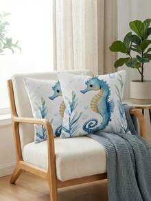 2 件装海马图案抱枕套 水彩海岸风超柔软枕套 农舍风抱枕套 节日派对装饰 家居方形沙发客厅卧室床椅靠垫套 四季通用（不含填充物） - 藍白色 - 查看 4