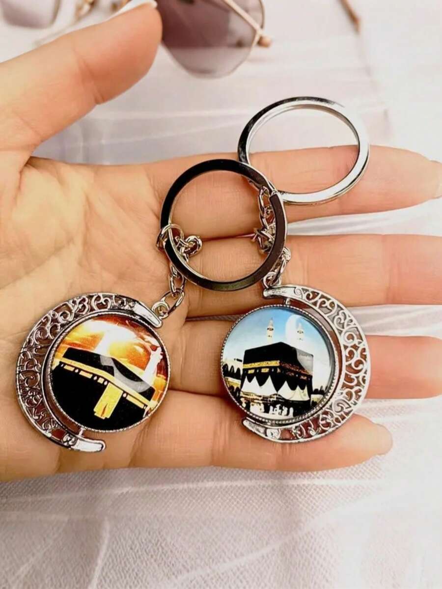1 móc khóa Mecca xoay được – Móc khóa hai mặt hình lưỡi liềm – Mặt dây chuyền hình biểu tượng tôn giáo Mecca - A - Xem 1